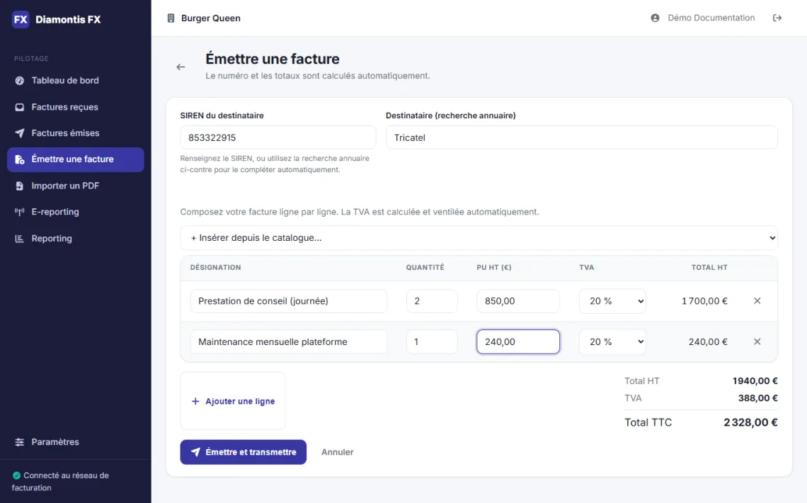 Formulaire d'émission d'une facture avec lignes de facturation, TVA et totaux calculés automatiquement