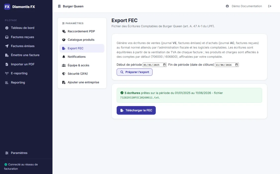 Page Paramètres - Export FEC avec sélection de période et récapitulatif des écritures prêtes au téléchargement