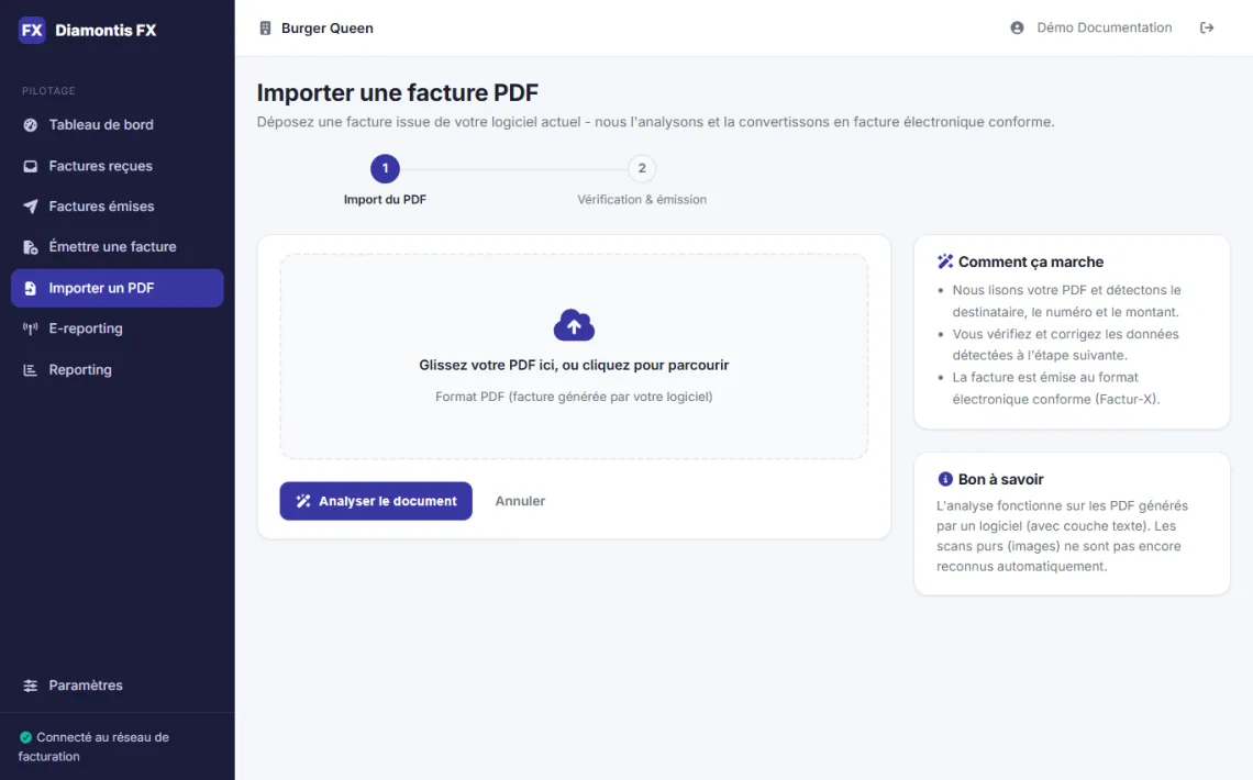 Page d'import d'une facture PDF avec zone de glisser-déposer et analyse automatique du document