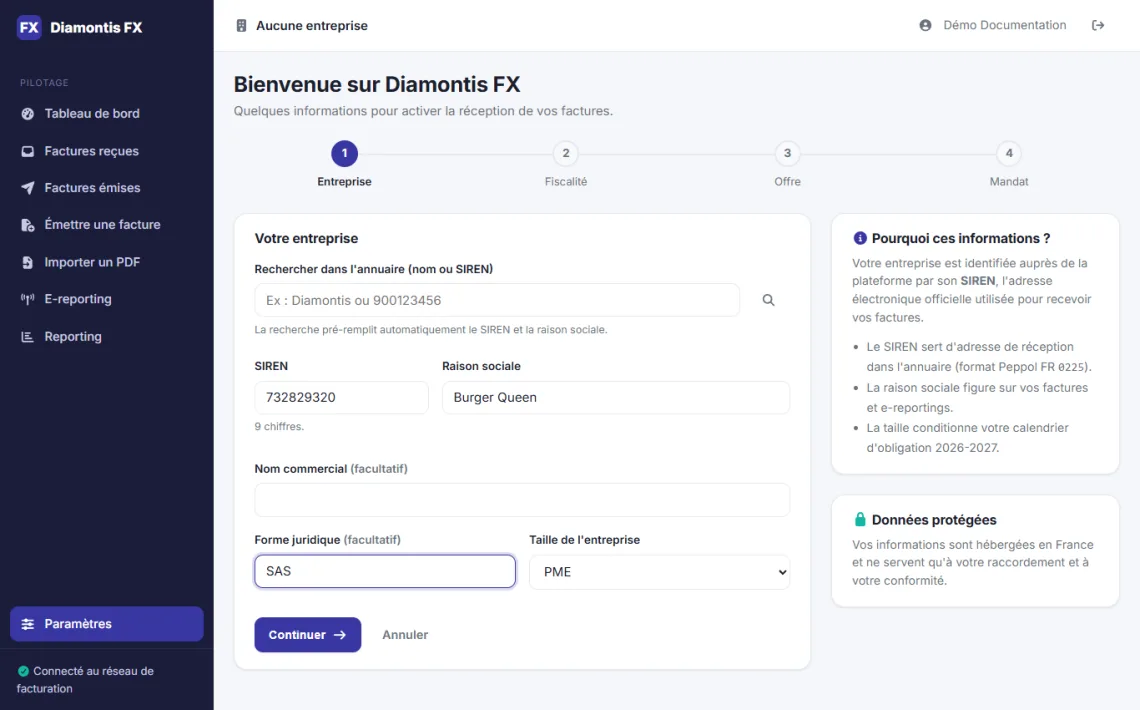 Étape Entreprise du wizard d'inscription avec recherche annuaire et saisie du SIREN
